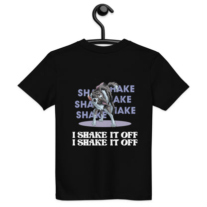 Bio Kids-T-Shirt "Shake it" - Lustiger Hund, der den Kopf schüttelt, dargestellt auf einem schwarzen Kinderhemd mit witzigem Text