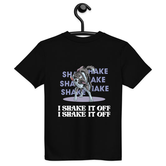 Bio Kids-T-Shirt "Shake it" - Lustiger Hund, der den Kopf schüttelt, dargestellt auf einem schwarzen Kinderhemd mit witzigem Text