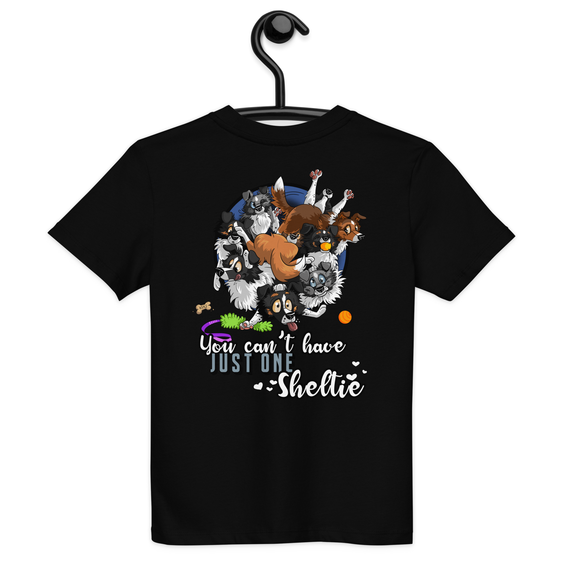 Einzigartige Grafik von Hunden auf einem schwarzen Bio Kids-T-Shirt "Just One" des Marken-Sortiments von Klexgetier, dem Webshop für Hundeliebhaber und Sportbegeisterte.