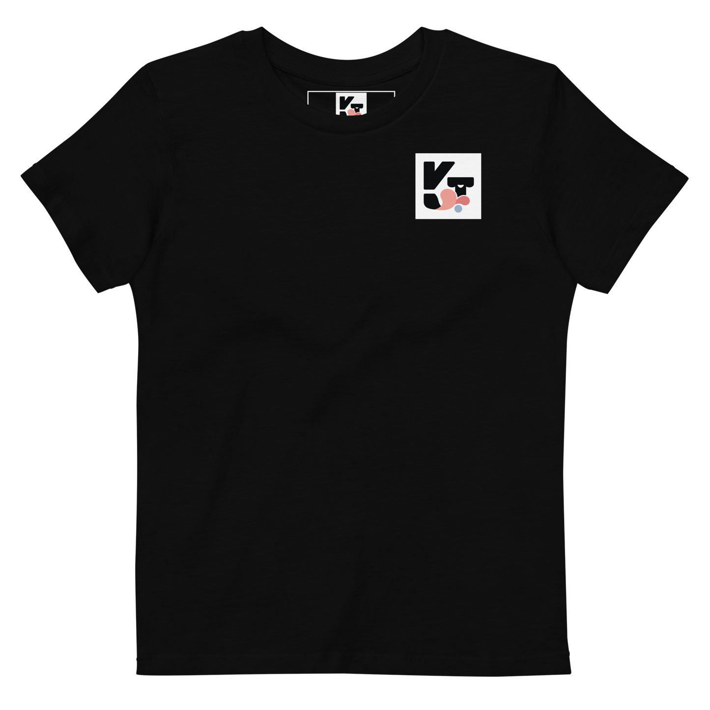 Schwarz-weißes Bio-Kids-T-Shirt mit Grafikdruck von Klexgetier. Das T-Shirt zeigt eine abstrakte Grafik mit geometrischen Formen in schwarz, weiß und rosa, die an ein Hundeartigenkopffragment erinnern.