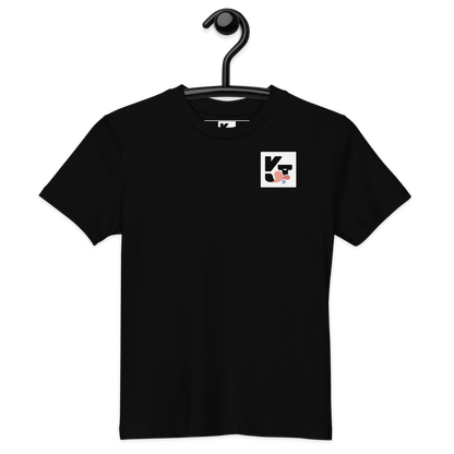 Schwarzes Bio Kids-T-Shirt "Heartwarming" mit Klexgetier-Logo von der Marke Klexgetier, Webshop für Hundeliebhaber und Sportbegeisterte des Agility Hundesports. Das Textilprodukt zeigt ein dezentes, modernes Design mit grafischem Element.