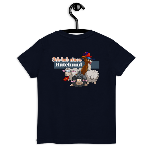 Niedliches Bio Kids-T-Shirt "Hütehunde" - Abbildung niedlicher Hütehunde und Schafscrew vor dunklem Hintergrund