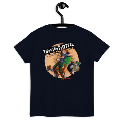 Bio-Kinder-T-Shirt "Turniertrottel" von Klexgetier - ein lustiges, individuelles Shirt für kleine Sportbegeisterte mit einem Comic-Motiv und coolen Einsätzen, hergestellt aus Bio-Materialien.