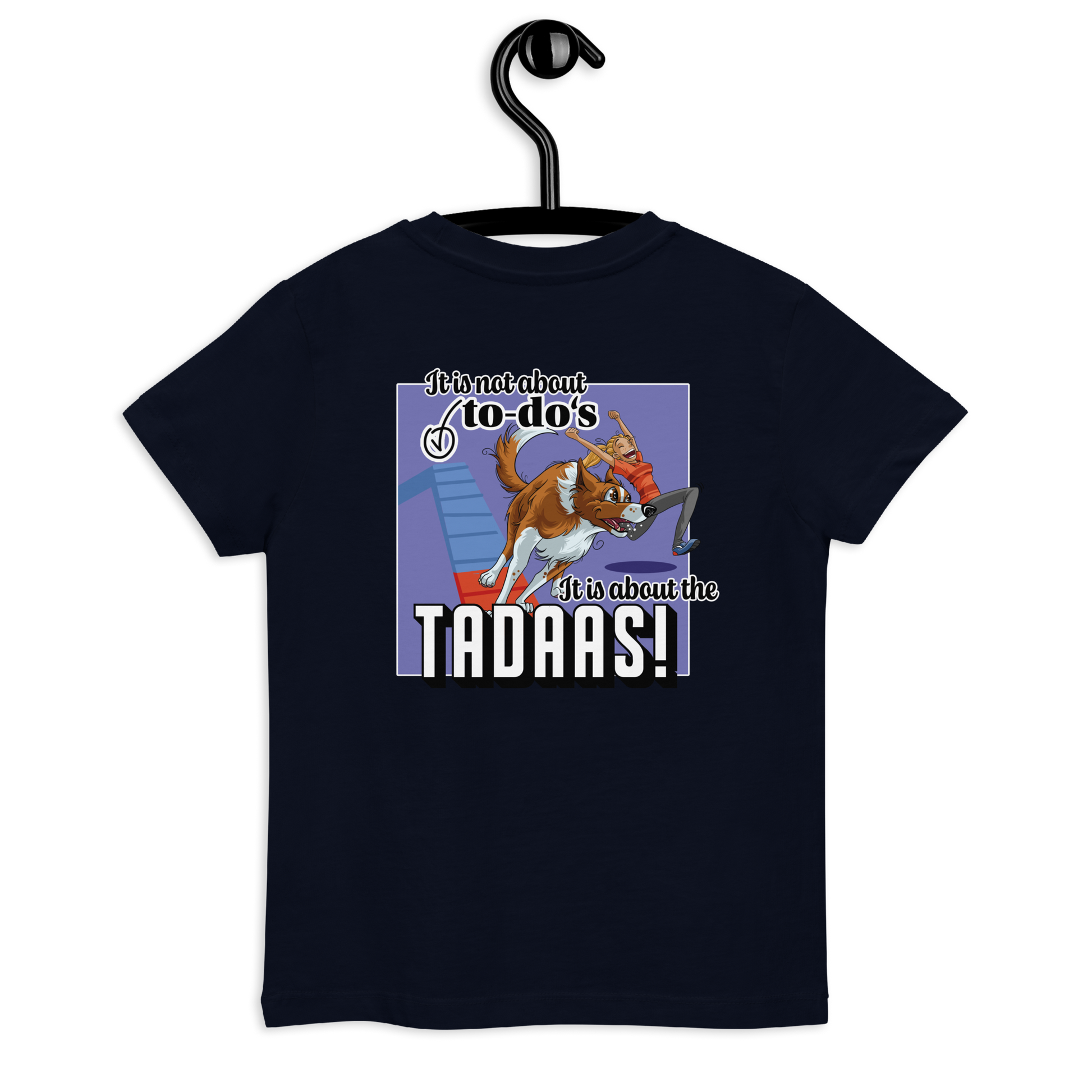 Lustiges Bio Kids-T-Shirt "Tadaa" mit Comic-Katze und witzigem Spruch von Klexgetier, dem Webshop für Hundeliebhaber und Sportbegeisterte im Agility Hundesport