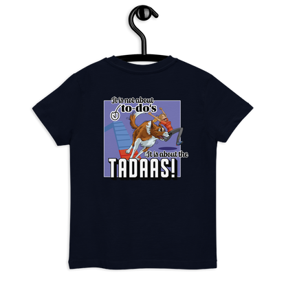 Lustiges Bio Kids-T-Shirt "Tadaa" mit Comic-Katze und witzigem Spruch von Klexgetier, dem Webshop für Hundeliebhaber und Sportbegeisterte im Agility Hundesport