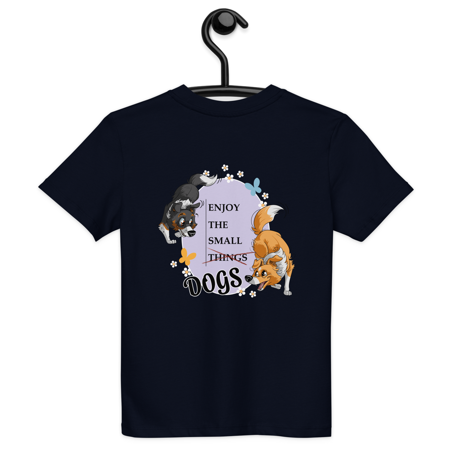 Bio Kids-T-Shirt "Small Things Shelties" von Klexgetier mit süßer Shelties-Illustration und dem Schriftzug "Enjoy the small things dogs"