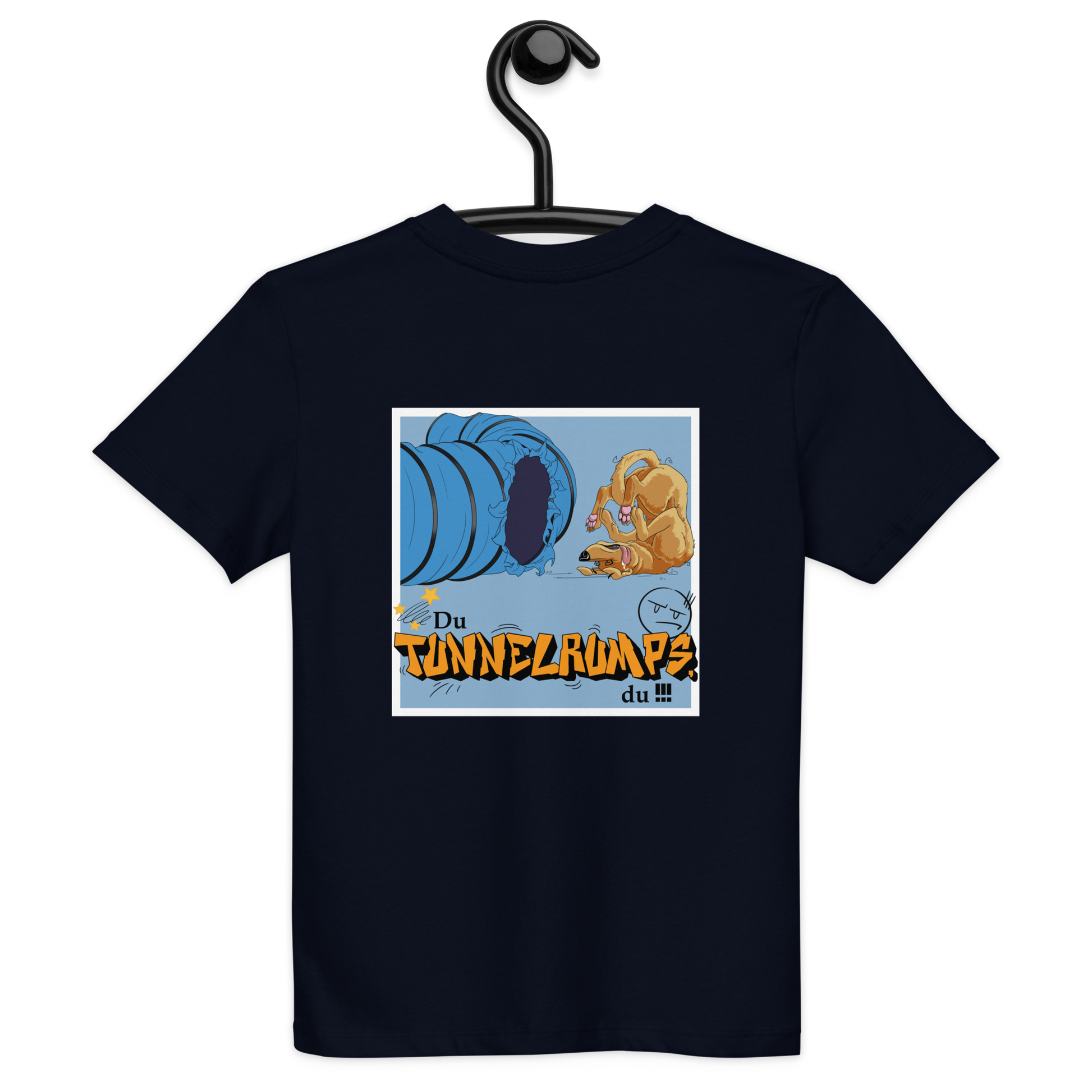 Bio Kids-T-Shirt "Tunnelrumps" in dunkler Farbe mit dekorativem Aufdruck eines Comic-Eichhörnchens und Tunnelen