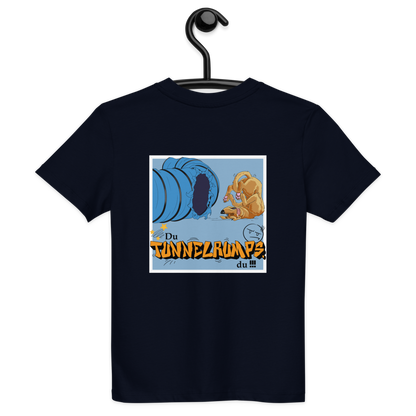 Bio Kids-T-Shirt "Tunnelrumps" in dunkler Farbe mit dekorativem Aufdruck eines Comic-Eichhörnchens und Tunnelen