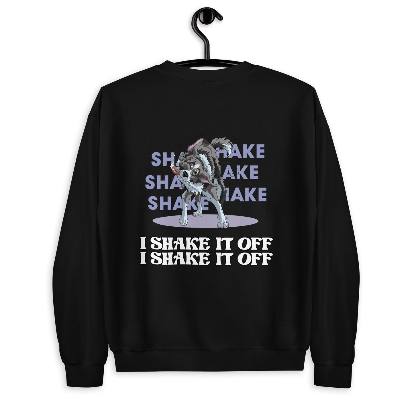 Unisex Sweatshirt "Shake it" von Klexgetier. Das Produkt zeigt einen Hundesportler, der sich auf einem schwarzen Hintergrund mit Schriftzügen bewegt. Das Design bringt Dynamik und Spaß am Hundesport zum Ausdruck.