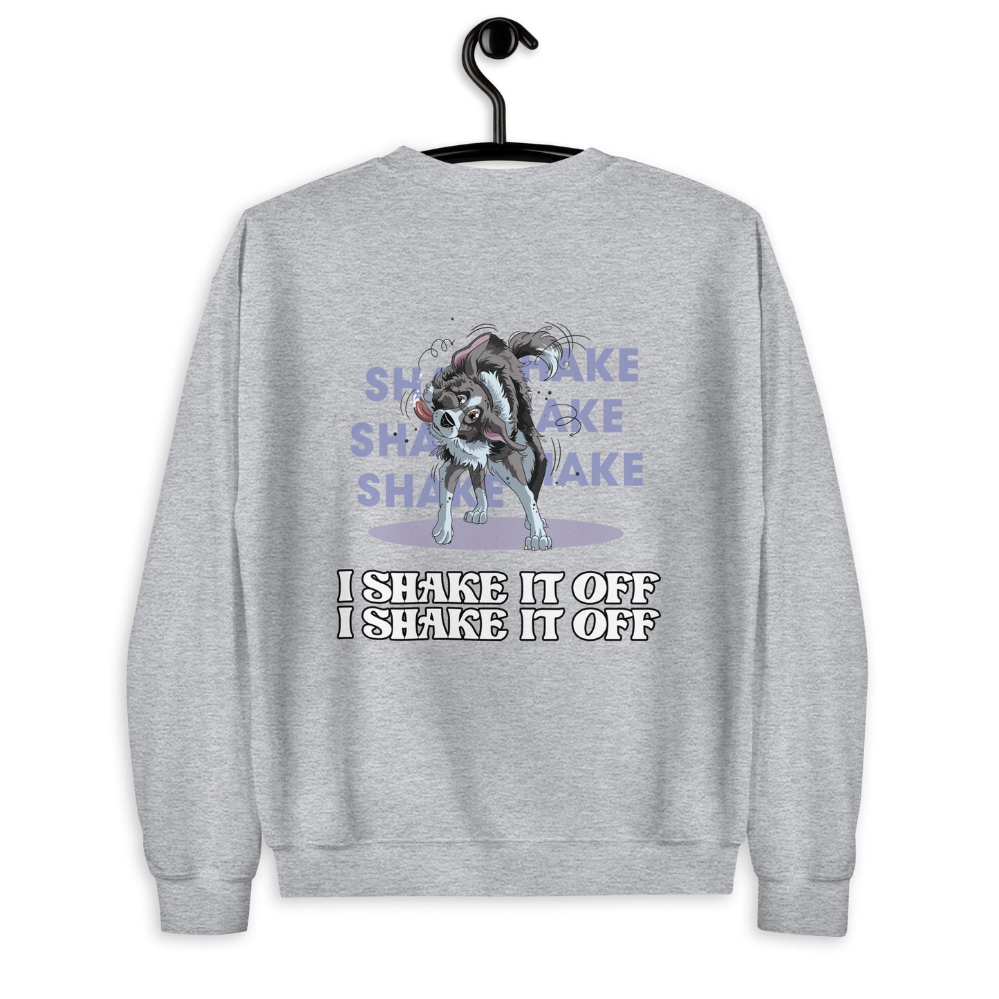 Spaßiges Unisex Sweatshirt "Shake it" mit einem niedlichen Chihuahua-Welpen. Der Hund ist auf dem grauen Sweatshirt abgebildet, wie er sich aufgrund der Schrift "I shake it off" zu bewegen scheint. Das Produkt ist ein Angebot des Hundesport-Händlers "Klexgetier" und eignet sich ideal für Hundehalter und Sportbegeisterte.