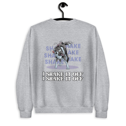 Spaßiges Unisex Sweatshirt "Shake it" mit einem niedlichen Chihuahua-Welpen. Der Hund ist auf dem grauen Sweatshirt abgebildet, wie er sich aufgrund der Schrift "I shake it off" zu bewegen scheint. Das Produkt ist ein Angebot des Hundesport-Händlers "Klexgetier" und eignet sich ideal für Hundehalter und Sportbegeisterte.