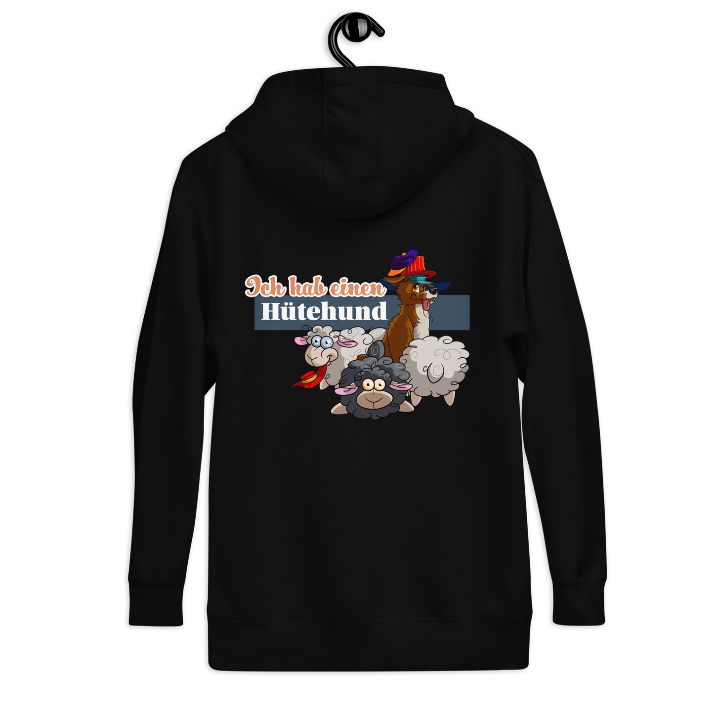 Schwarz-weißer Unisex-Kapuzenpullover mit Hundemotiv und Aufschrift "Ich bin einen Hütehund"