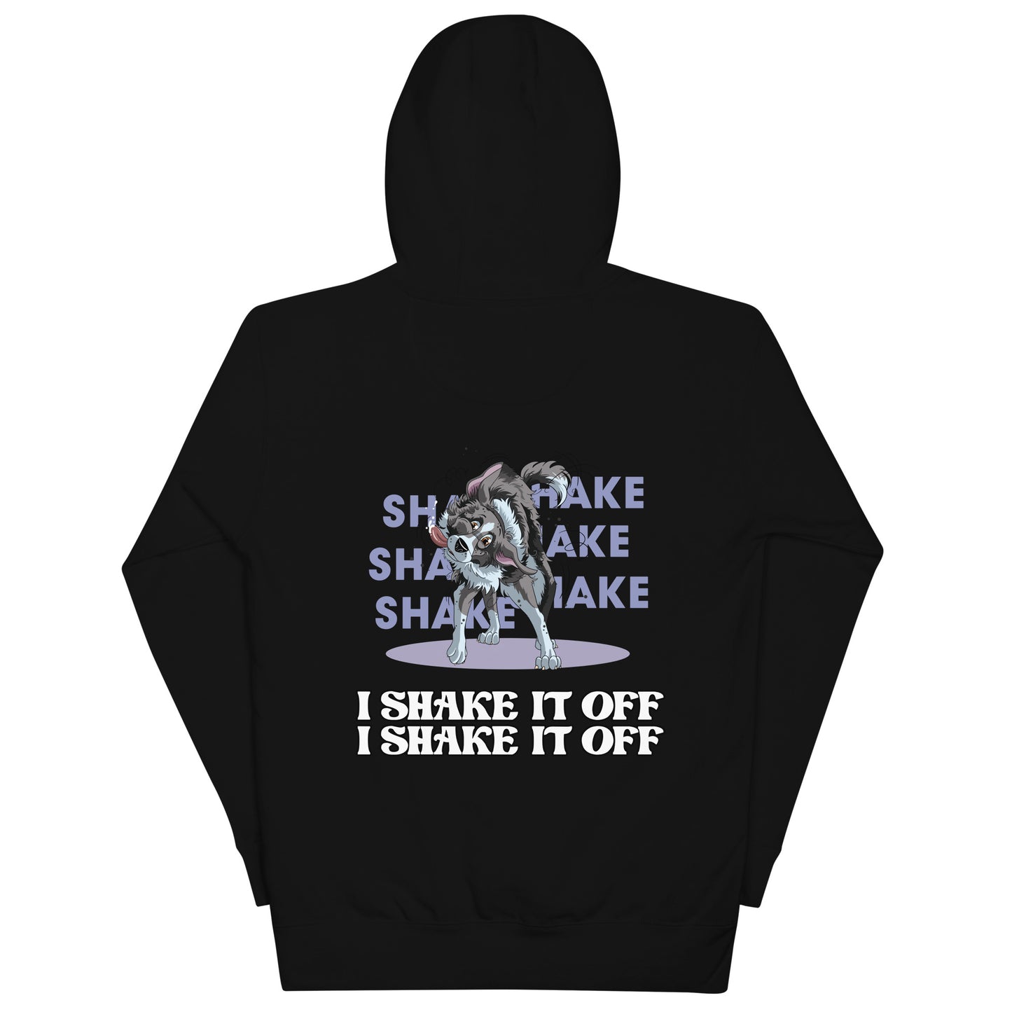 Schwarzer Unisex-Kapuzenpullover mit mehrfach wiederholtem Schriftzug "SHAKE IT" und einer Illustration einer Bulldogge. Der Pullover stammt aus der Klexgetier-Kollektion, dem Webshop für Hundeliebhaber und Sportbegeisterte im Agility Hundesport. Er bietet personalisierte Kleidung und anpassbare Accessoires für kleine und große Sportler.