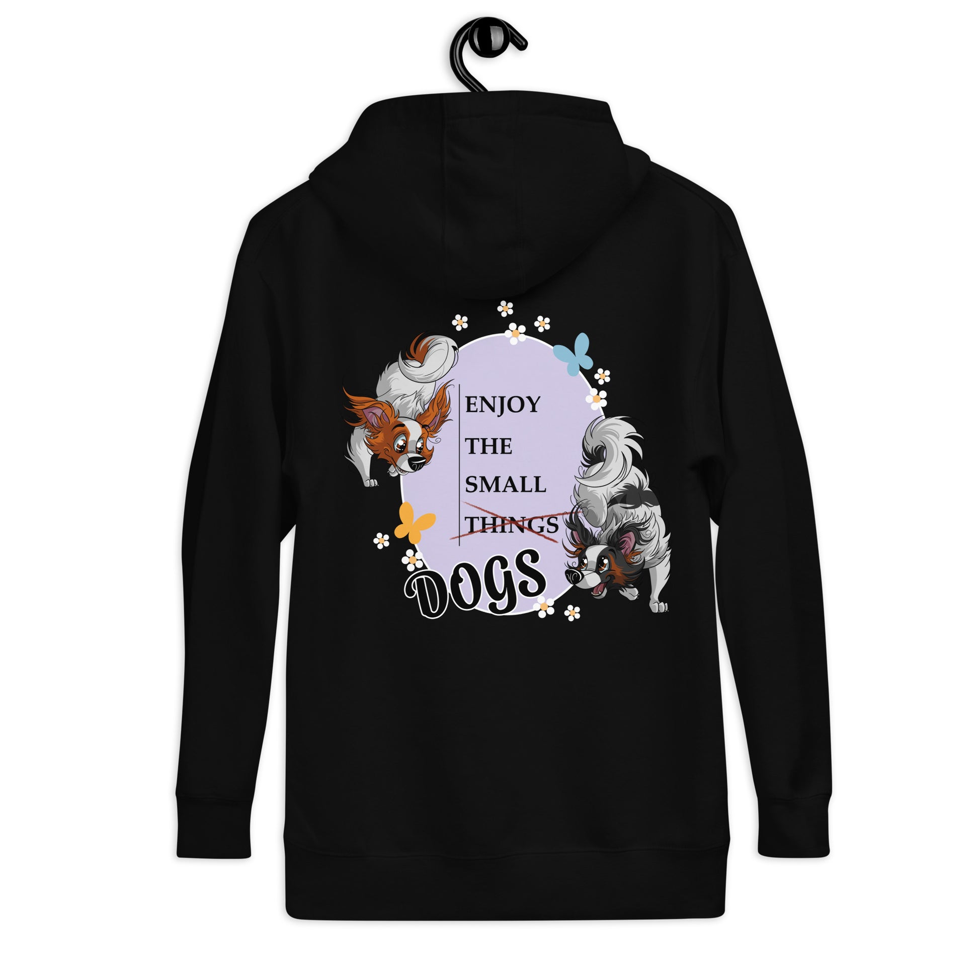 Unisex-Kapuzenpullover "Small Things Papillons" - Stylischer schwarzer Kapuzenpullover mit niedlichem Motiv von Papillons und dem Schriftzug "Enjoy the small things dogs"