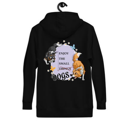 Unisex-Kapuzenpullover "Small Things Shelties" von Klexgetier - Das schwarze Sweatshirt zeigt hübsche Shelties, bunte Blumen und den Slogan "Enjoy the small things dogs".