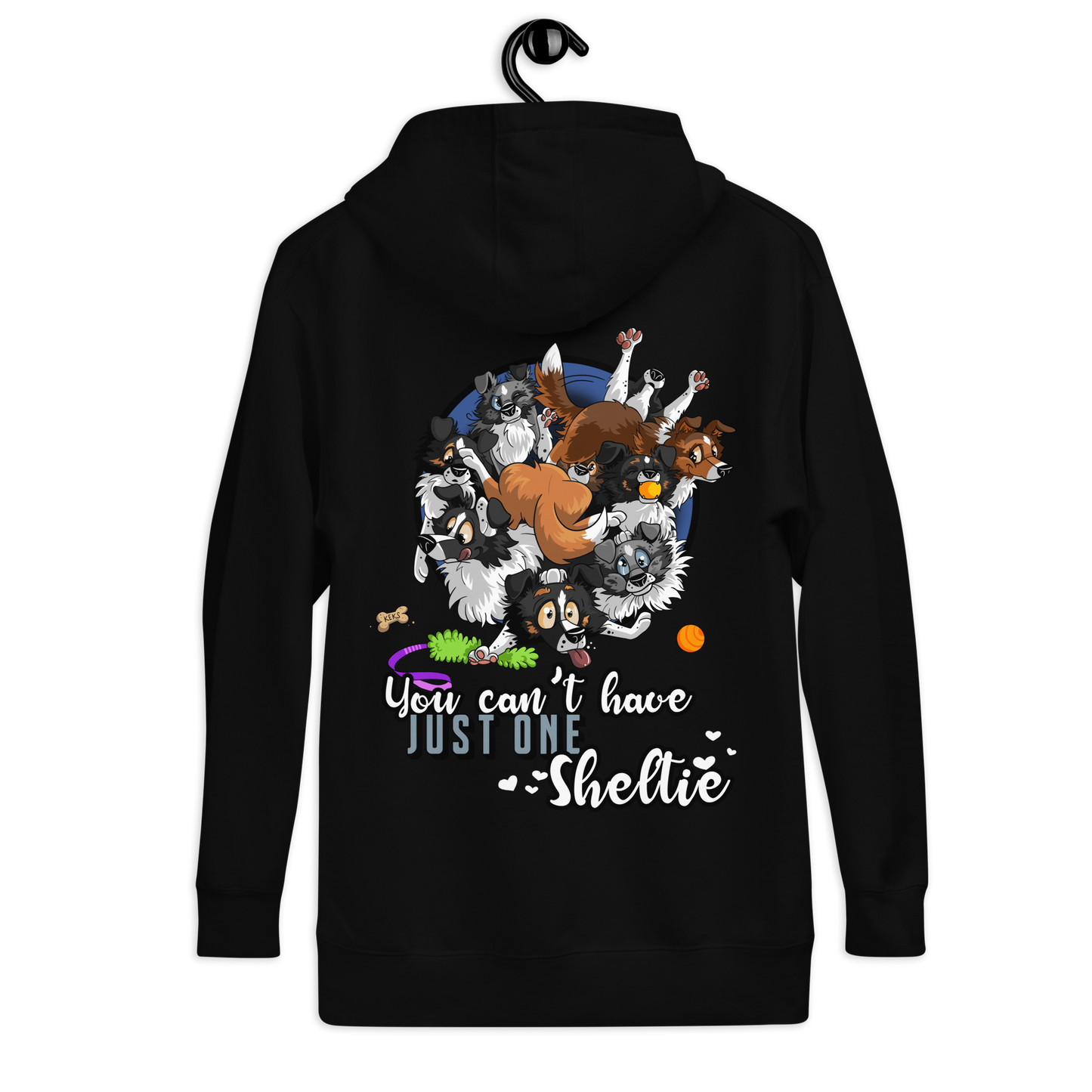 Schwarz/dunkelgrauer Unisex-Kapuzenpullover mit Aufdruck "You can't have just one Sheltie". Der Pullover zeigt eine bunte Illustration verschiedener Sheltie-Hunde in unterschiedlichen Posen und Situationen.