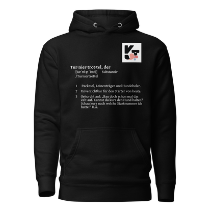 Unisex-Kapuzenpullover "Turniertrottel" aus dem Sortiment von Klexgetier, dem Webshop für Hundebegeisterte und Sportliebhaber. Der Pullover zeigt eine grafische Darstellung des Produktnamens und ist in einem schlichten, dunklen Design gehalten.