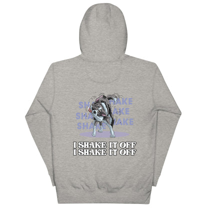 Unisex-Kapuzenpullover "Shake it" von Klexgetier
Grauer, sportlicher Kapuzenpullover mit aufgedrucktem Hund und dem Spruch "Shake it off, shake it off"