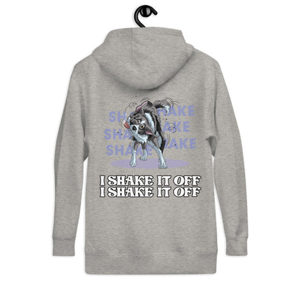 Grauer Unisex-Kapuzenpullover mit einem Sibirischen Husky-Motiv und dem Schriftzug "I Shake It Off, I Shake It Off". Das Produkt wird von der Marke Klexgetier angeboten, die sich auf Hundesport-Artikel und personalisierte Accessoires spezialisiert hat.