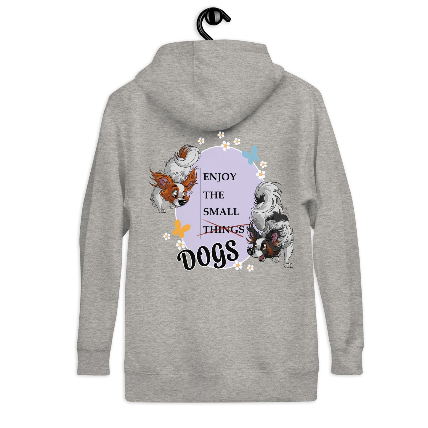 Unisex-Kapuzenpullover "Small Things Papillons" - Der Klexgetier-Webshop präsentiert diesen grauen Kapuzenpullover mit niedlichem Hunde-Motiv. Der dekorative Aufdruck zeigt zwei spielende Hunde sowie den Schriftzug "Enjoy the small things dogs".