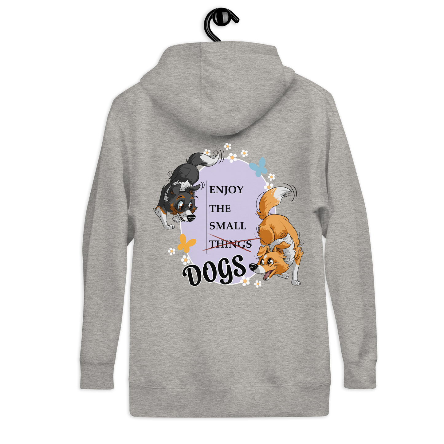 Süßer Unisex-Kapuzenpullover "Small Things Shelties" von Klexgetier. Das Produktdesign zeigt fröhliche Shelties und erinnert an die kleinen, aber feinen Dinge im Leben, die Hundebesitzer besonders schätzen. Der graue Pullover ist ein stylisches Accessoire für Hundeliebhaber und Sportbegeisterte.