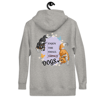 Süßer Unisex-Kapuzenpullover "Small Things Shelties" von Klexgetier. Das Produktdesign zeigt fröhliche Shelties und erinnert an die kleinen, aber feinen Dinge im Leben, die Hundebesitzer besonders schätzen. Der graue Pullover ist ein stylisches Accessoire für Hundeliebhaber und Sportbegeisterte.