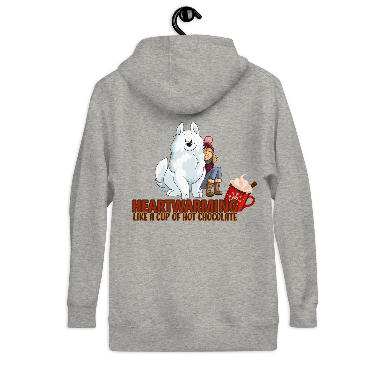 Unisex-Kapuzenpullover "Heartwarming" - grauer Hoodie mit Aufdruck eines jungen Hundesport-Fans und einem niedlichen Hund, umgeben von Herzen und der Aufschrift "Heartwarming like a cup of hot chocolate" der Marke Klexgetier