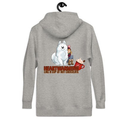 Unisex-Kapuzenpullover "Heartwarming" - grauer Hoodie mit Aufdruck eines jungen Hundesport-Fans und einem niedlichen Hund, umgeben von Herzen und der Aufschrift "Heartwarming like a cup of hot chocolate" der Marke Klexgetier