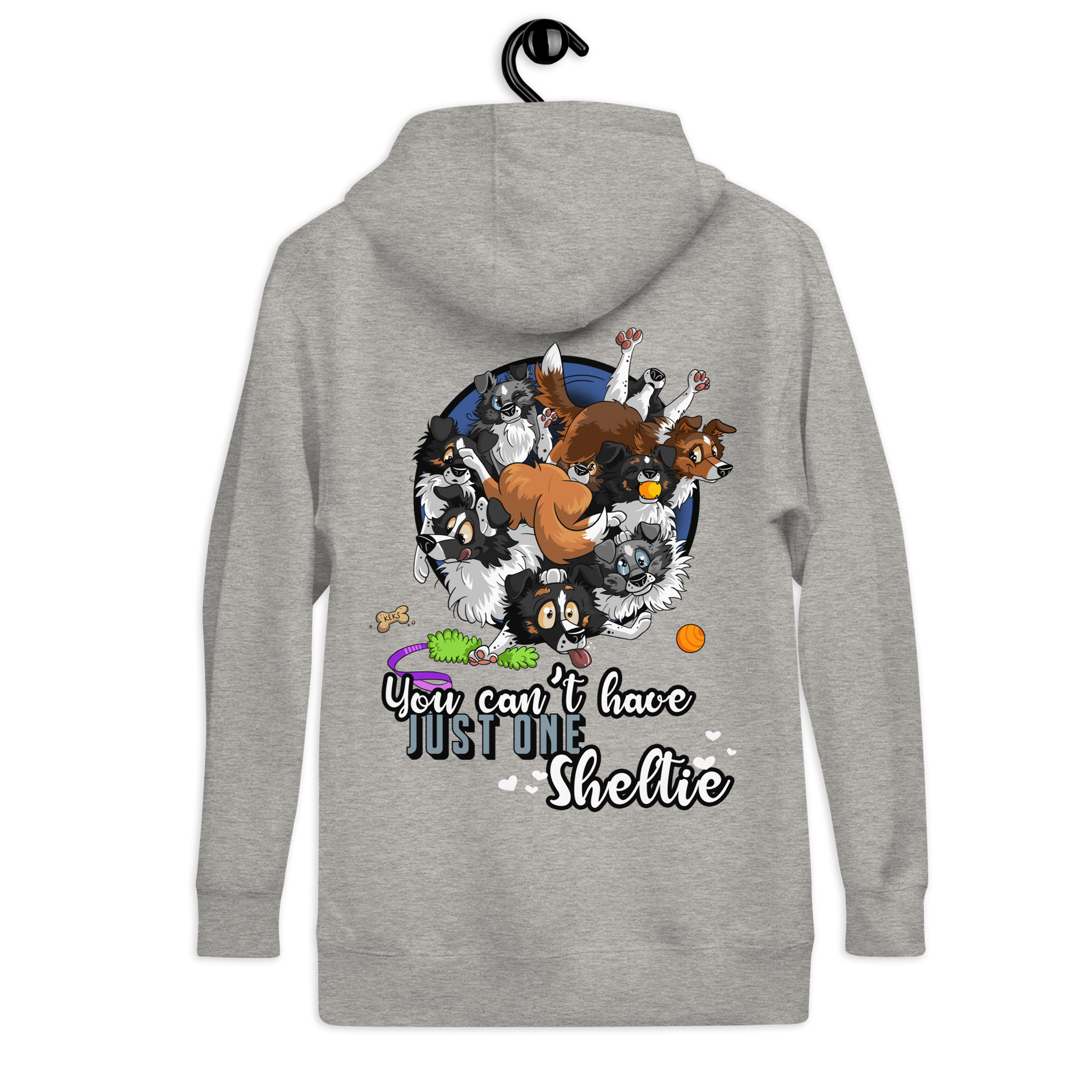 Unisex-Kapuzenpullover "Just one Sheltie" - Graue Sweatshirtjacke mit Shelties, Hunden und lustigem Spruch von Klexgetier, dem Webshop für Hundeliebhaber und Sportbegeisterte.