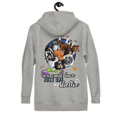 Unisex-Kapuzenpullover "Just one Sheltie" - Graue Sweatshirtjacke mit Shelties, Hunden und lustigem Spruch von Klexgetier, dem Webshop für Hundeliebhaber und Sportbegeisterte.