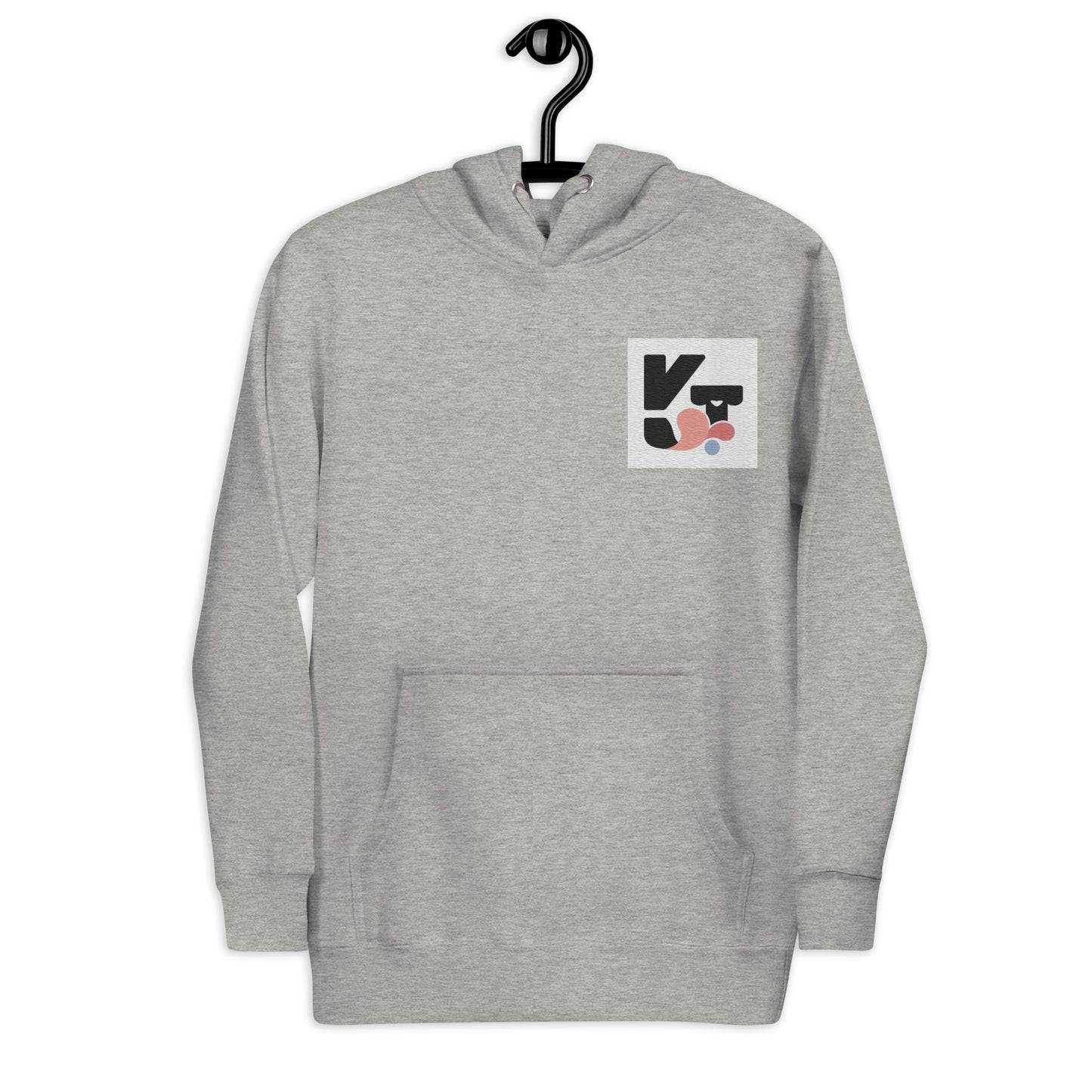 Unisex-Kapuzenpullover aus hellgrauem Stoff mit Klee-Grafik auf der Brusttasche. Moderne und stilvolle Sportbekleidung von Klexgetier, dem Webshop für Hundeliebhaber und Sportbegeisterte.