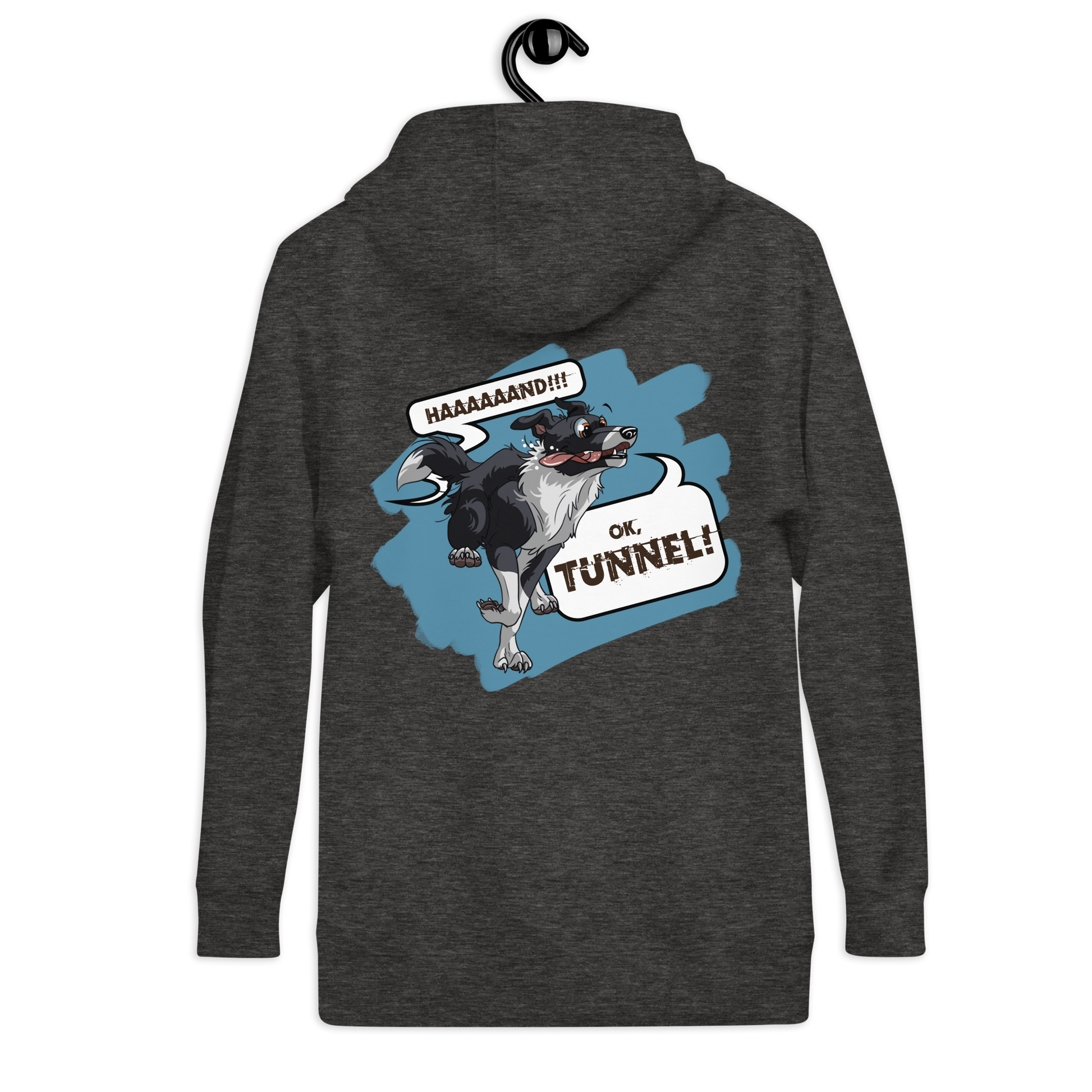 Unisex-Kapuzenpullover "Tunnel Border Collie" - Modisches Kleidungsstück mit farbenfroher Grafik eines Border Collies, der durch einen Tunnel läuft, samt humorvollem Slogan