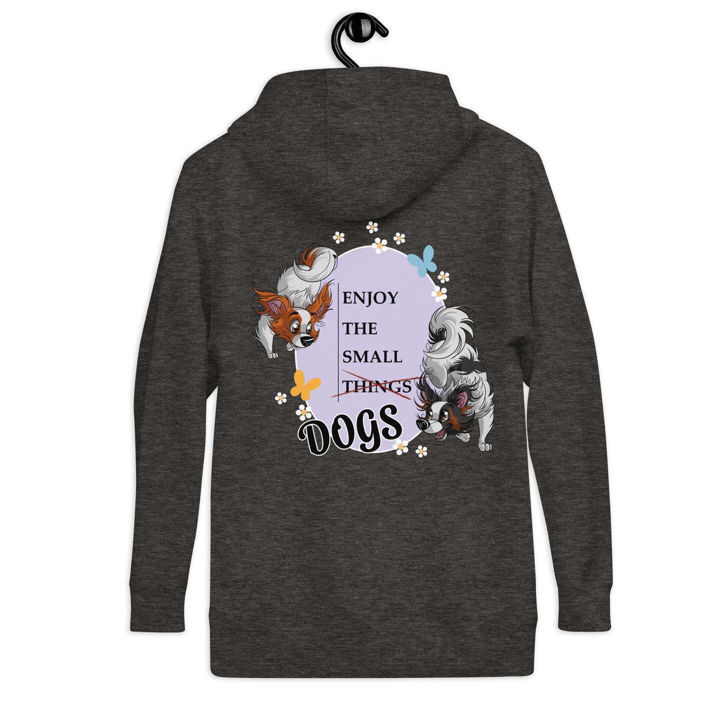 Unisex-Kapuzenpullover "Small Things Papillons" von Klexgetier. Der Pullover zeigt zwei süße Hunde mit der Aufschrift "Enjoy the small things Dogs". Perfekt für Hundeliebhaber und Sportbegeisterte im Agility-Hundesport.