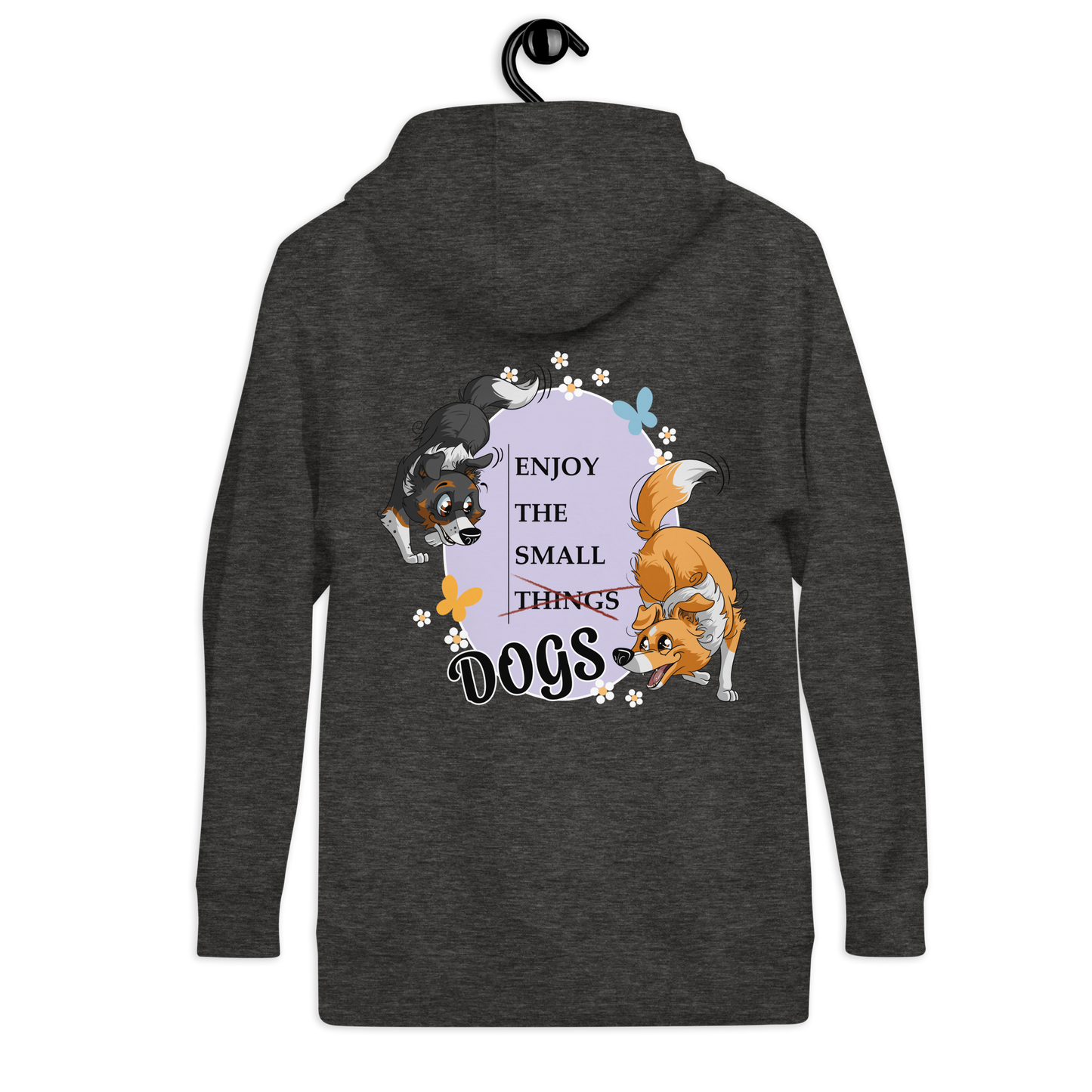 Unisex-Kapuzenpullover mit Motiv "Enjoy the small things - Dogs"
Produktdarstellung eines grauen Kapuzenpullovers mit farbigem Druck von niedlichen Hunden und dem Schriftzug "Enjoy the small things - Dogs" auf der Rückseite.