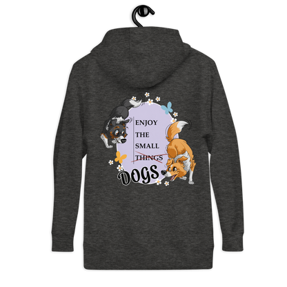 Unisex-Kapuzenpullover mit Motiv "Enjoy the small things - Dogs"
Produktdarstellung eines grauen Kapuzenpullovers mit farbigem Druck von niedlichen Hunden und dem Schriftzug "Enjoy the small things - Dogs" auf der Rückseite.