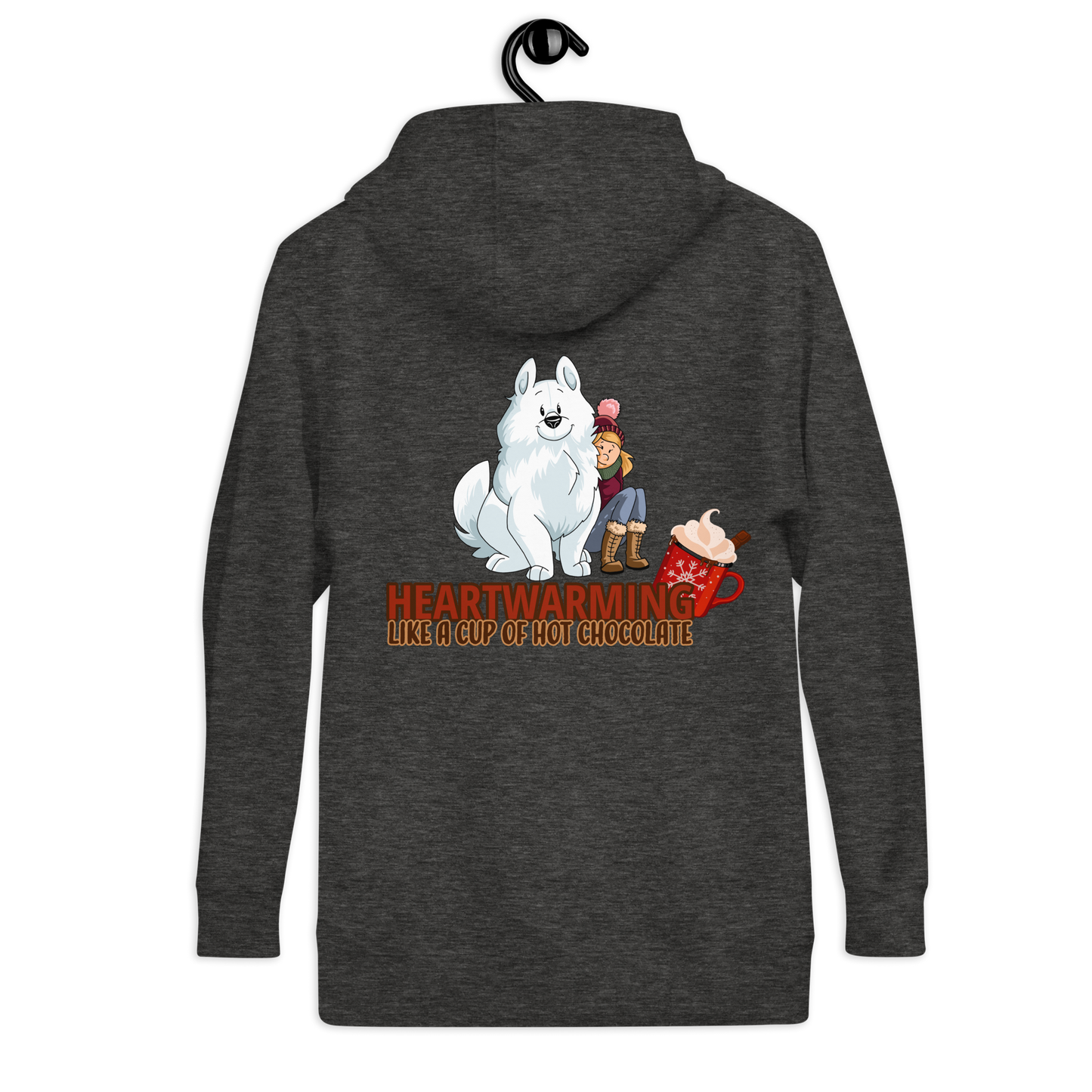 Herzerwärmender Unisex-Kapuzenpullover mit Hundemotiv und Aufschrift "Heartwarming. Like a cup of hot chocolate" von Klexgetier, dem Online-Shop für hundebegeisterte Sportler und deren personalisierte Kleidung sowie anpassbare Accessoires.