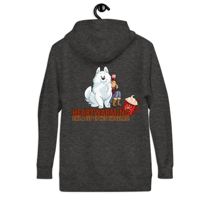 Herzerwärmender Unisex-Kapuzenpullover mit Hundemotiv und Aufschrift "Heartwarming. Like a cup of hot chocolate" von Klexgetier, dem Online-Shop für hundebegeisterte Sportler und deren personalisierte Kleidung sowie anpassbare Accessoires.