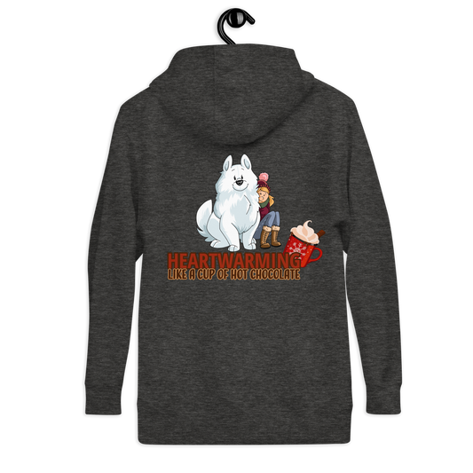 Herzerwärmender Unisex-Kapuzenpullover mit Hundemotiv und Aufschrift "Heartwarming. Like a cup of hot chocolate" von Klexgetier, dem Online-Shop für hundebegeisterte Sportler und deren personalisierte Kleidung sowie anpassbare Accessoires.