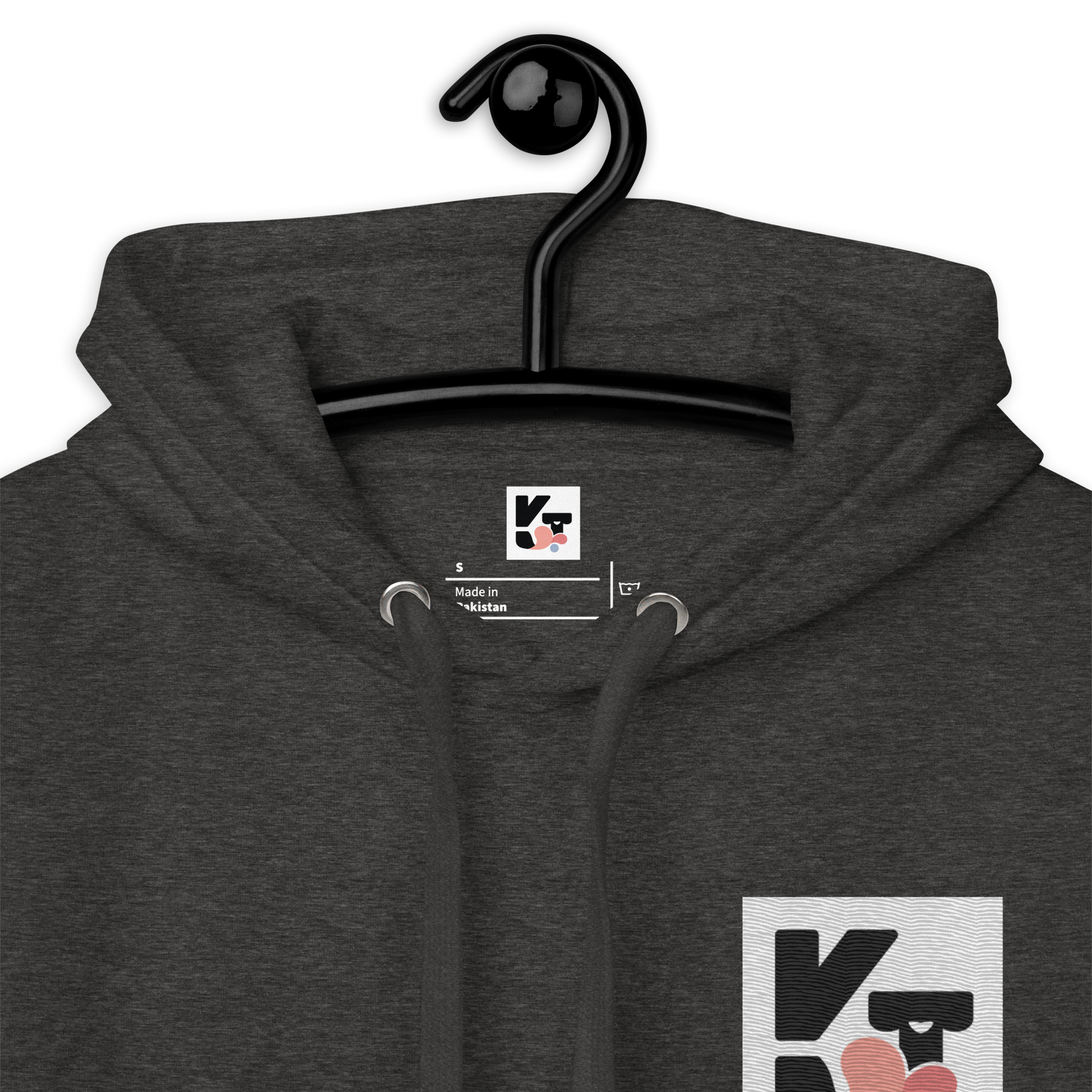 Hoher, grauer Unisex-Kapuzenpullover "Hütehund" vom Hundesportshop Klexgetier mit dem Logo des Unternehmens auf der Vorderseite.