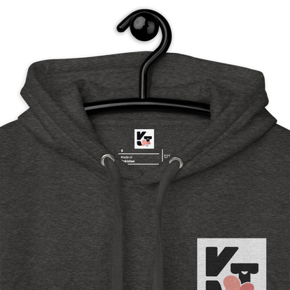 Hoher, grauer Unisex-Kapuzenpullover "Hütehund" vom Hundesportshop Klexgetier mit dem Logo des Unternehmens auf der Vorderseite.