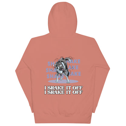 Hundeliebhaber-Kapuzenpullover "Shake it" mit grafischem Motiv, angeboten im Onlineshop "Klexgetier". Der Pullover zeigt einen Hund mit dem Spruch "I shake it off, I shake it off" und ist in einer modernen, sportlichen Optik gestaltet.