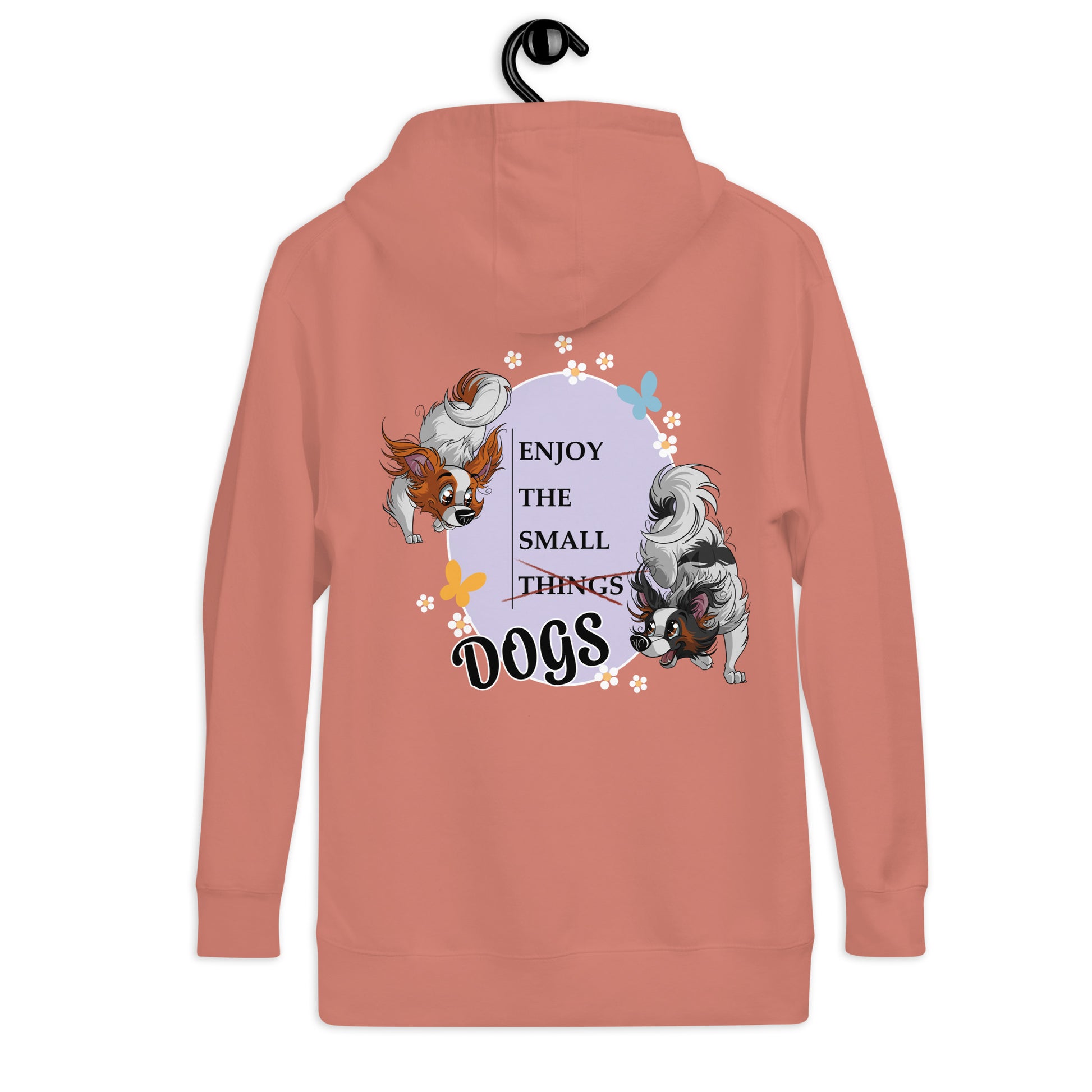 Unisex-Kapuzenpullover "Small Things Papillons" von Klexgetier. Das Bild zeigt zwei spielende Hunde vor blühenden Blumen, umrahmt von dem Slogan "Enjoy the small things dogs".