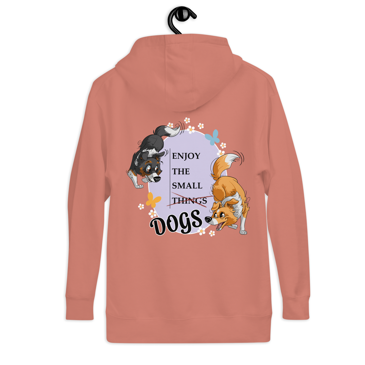 Unisex-Kapuzenpullover "Small Things Shelties" von Klexgetier. Der Pullover zeigt niedliche Hunde mit der Aufschrift "Enjoy the small things dogs". Ein hübscher Kapuzenpullover mit Hundemotiv für Hundeliebhaber und Sportbegeisterte.