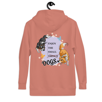 Unisex-Kapuzenpullover "Small Things Shelties" von Klexgetier. Der Pullover zeigt niedliche Hunde mit der Aufschrift "Enjoy the small things dogs". Ein hübscher Kapuzenpullover mit Hundemotiv für Hundeliebhaber und Sportbegeisterte.