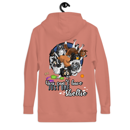 Witzig bedruckter Unisex-Kapuzenpullover "Just one Sheltie" von Klexgetier, dem Webshop für Hundeliebhaber und Sportbegeisterte. Ein lebendiges Design mit vielen süßen Sheltiehunden, die im Mittelpunkt stehen.