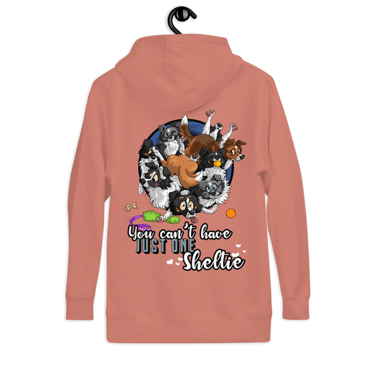 Witzig bedruckter Unisex-Kapuzenpullover "Just one Sheltie" von Klexgetier, dem Webshop für Hundeliebhaber und Sportbegeisterte. Ein lebendiges Design mit vielen süßen Sheltiehunden, die im Mittelpunkt stehen.