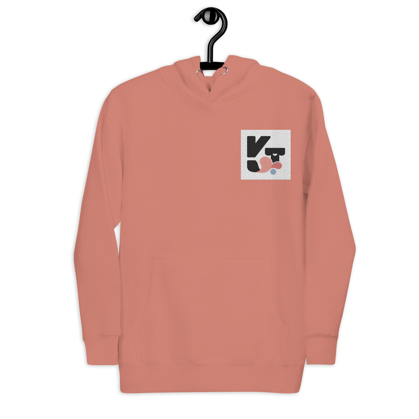 Unisex-Kapuzenpullover im modernen, minimalistischen Design mit der Marke "Klexgetier" auf rosa Farbhintergrund