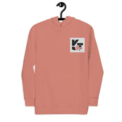 Unisex-Kapuzenpullover im modernen, minimalistischen Design mit der Marke "Klexgetier" auf rosa Farbhintergrund