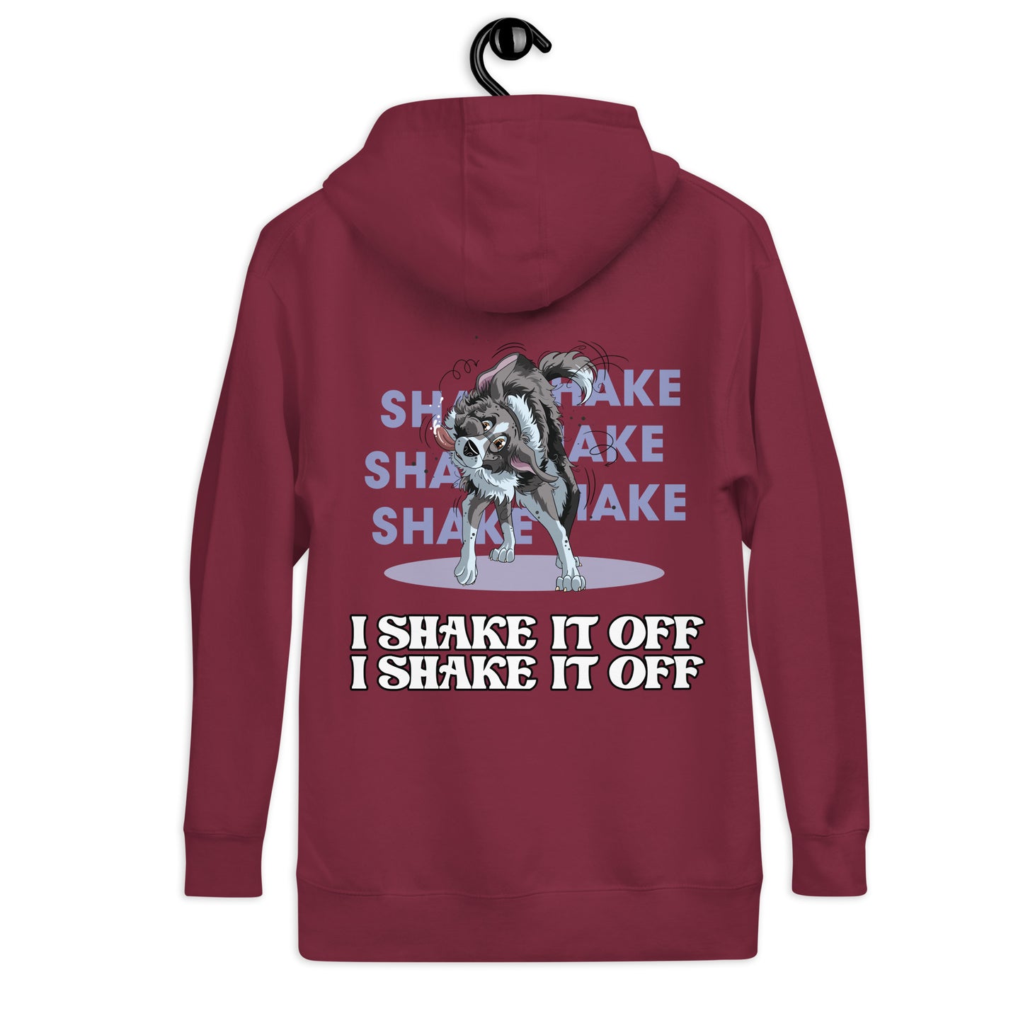 Unisex-Kapuzenpullover "Shake it" von Klexgetier
Maroon-farbener Kapuzenpullover mit mehrfachem "Shake it"-Schriftzug und einer Grafik eines wackeligen Hundes.