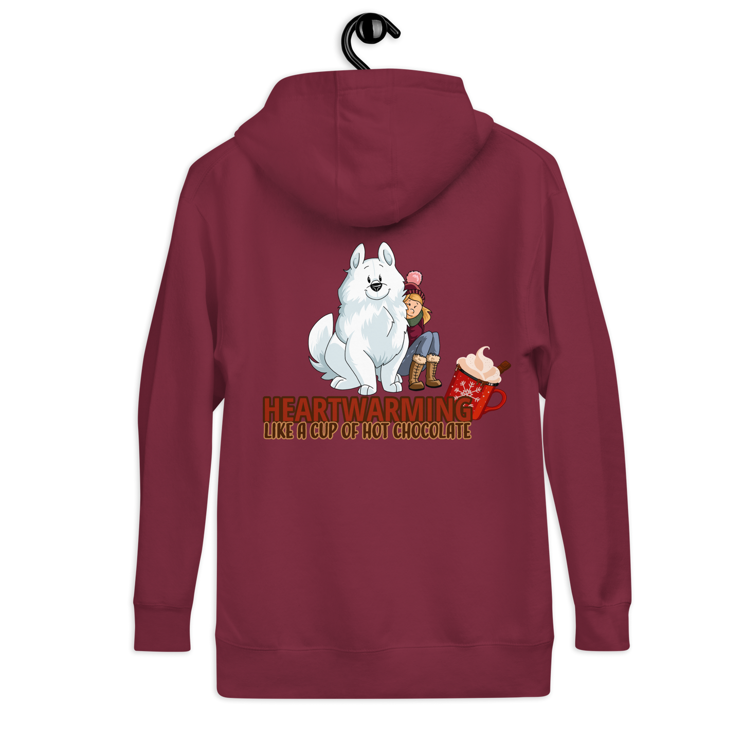 Unisex-Kapuzenpullover "Heartwarming" - ein kuscheliger, maroonroter Kapuzenpullover mit einem niedlichen Hundemotiv und dem Schriftzug "Heartwarming like a cup of hot chocolate" von Klexgetier, dem Webshop für Hundeliebhaber und Sportbegeisterte.